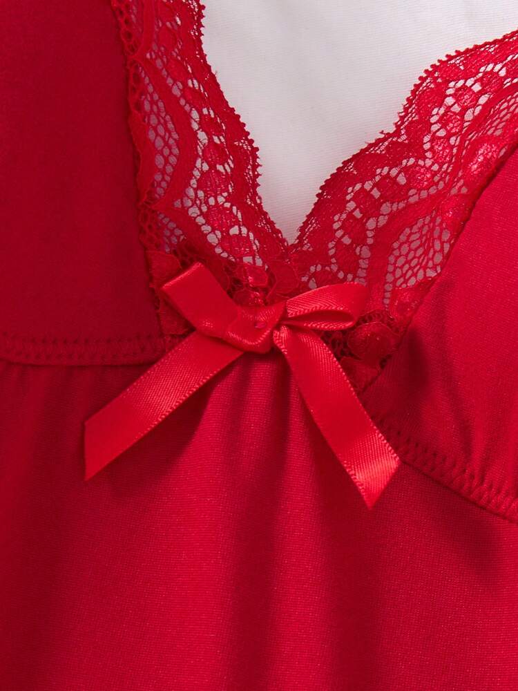 2pcs Lace Patchwork, Bow Decor, Romantic Side Slit Camisole Nightgown ,Vacation