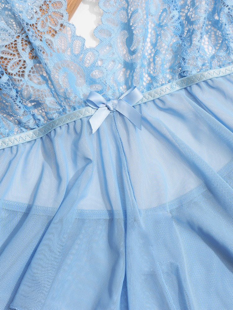 Classic Sexy Contrast Lace Sheer Mesh Backless Cross Teddy Bodysuit Lingerie