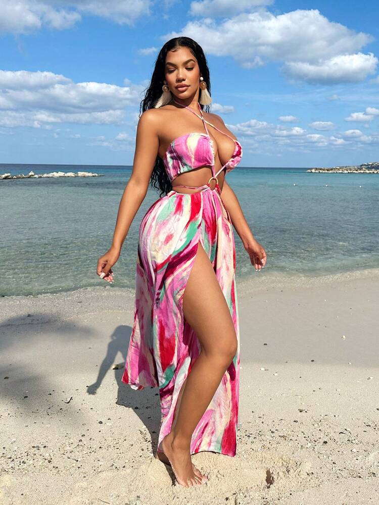 SXY Women Tie Dye Printed Hollow Out Cross Halter Split Dress For Beach Vacation