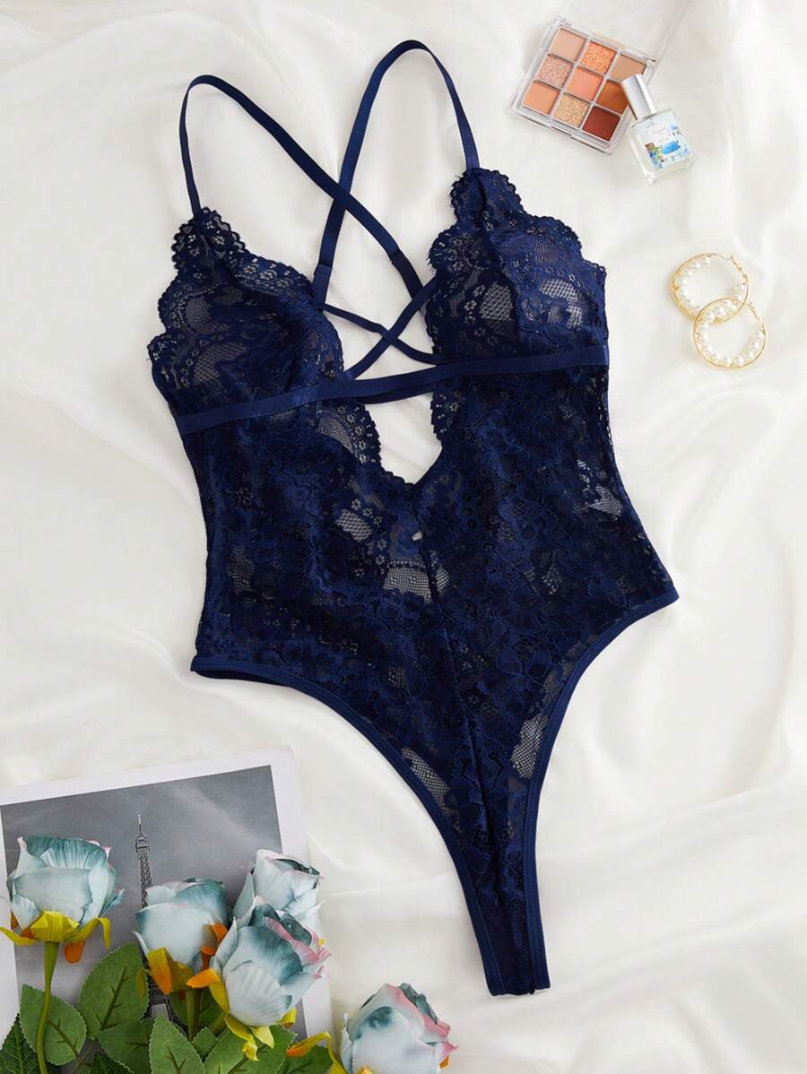 Classic Sexy Floral Lace Criss Cross Lace Up Backless Teddy Bodysuit Lingerie