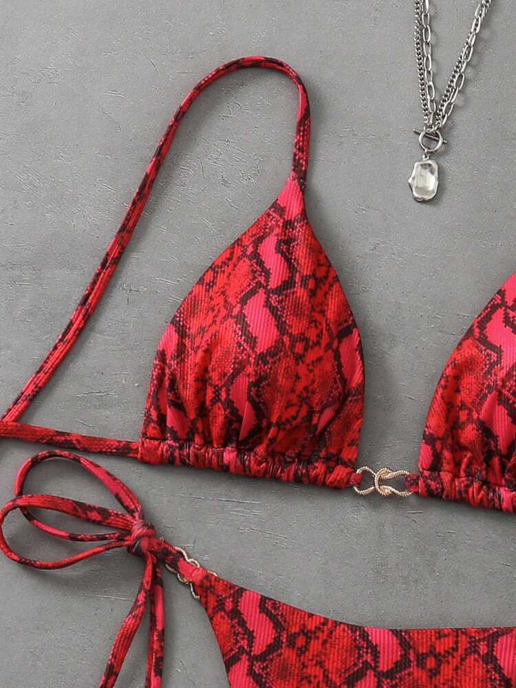 Swim Vcay 2pcs/Set Women Beach Random Floral Print Halter Triangle Bikini Top And Side Tie Bottom Set, Summer