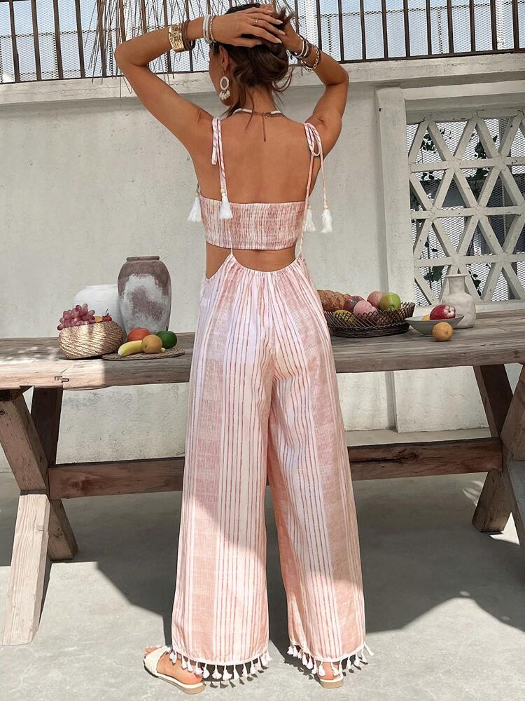 KARISMINA Women's Vacation Casual Striped Bandeau Top And Fringed Long Pants 2 Pieces Set Island Vacation Outfits