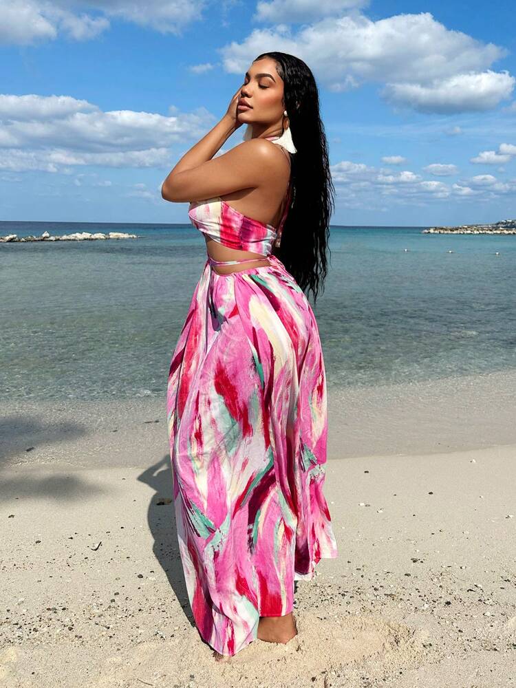 SXY Women Tie Dye Printed Hollow Out Cross Halter Split Dress For Beach Vacation