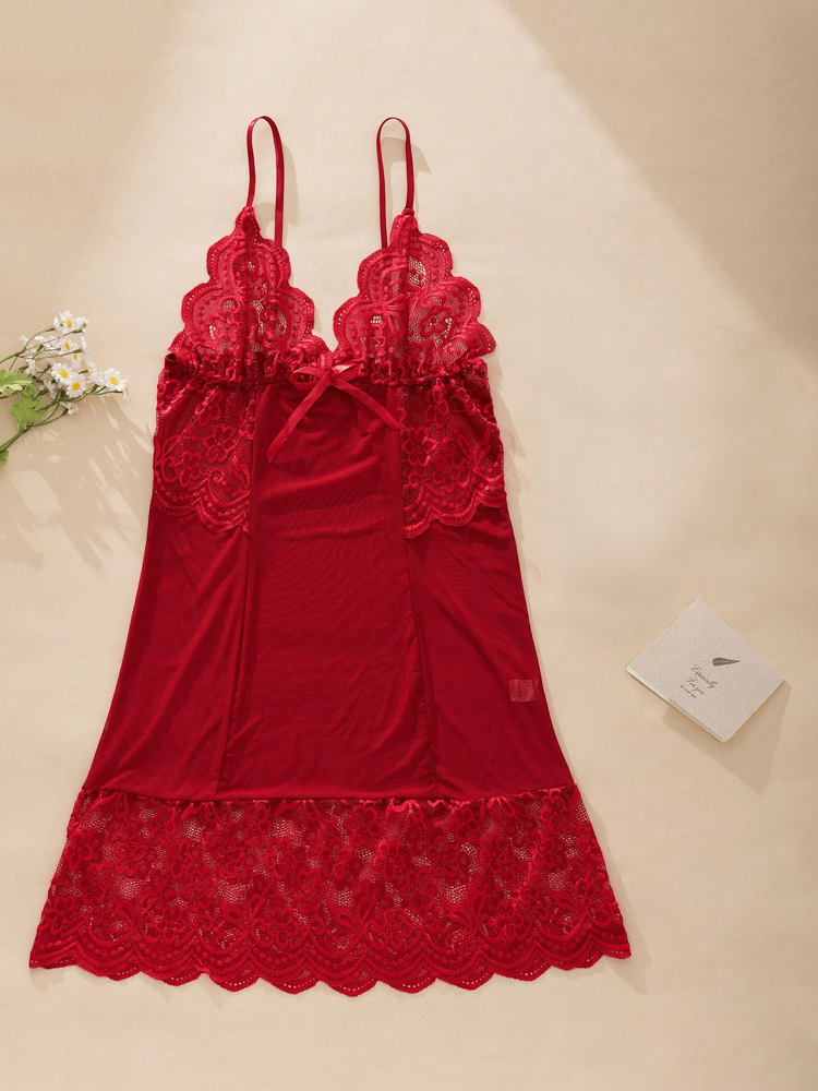 Women's Deep V-Neck Bow Decorative Sexy Strap Dress Temptation Lace Perspective Backless Multi Arm Mesh Mesh Dress Short Skirt Sleeping Skirt Sexy Underwear Sexy Pajama Home Wear Sexy Lingerie