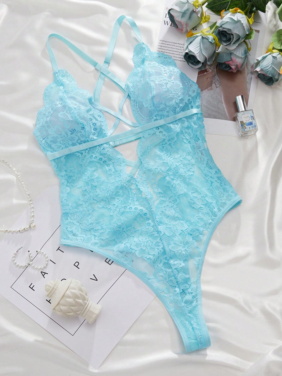 Classic Sexy Floral Lace Criss Cross Lace Up Backless Teddy Bodysuit Lingerie