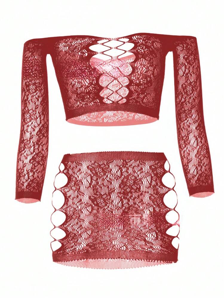 ChaseTheNight Christmas Wine Red Sexy Women's 2Pcs Lingerie Set: Crop Top With Cutout & Mini Skirt