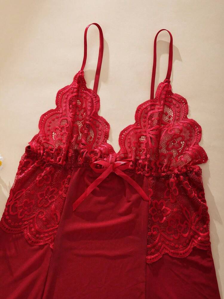 Women's Deep V-Neck Bow Decorative Sexy Strap Dress Temptation Lace Perspective Backless Multi Arm Mesh Mesh Dress Short Skirt Sleeping Skirt Sexy Underwear Sexy Pajama Home Wear Sexy Lingerie