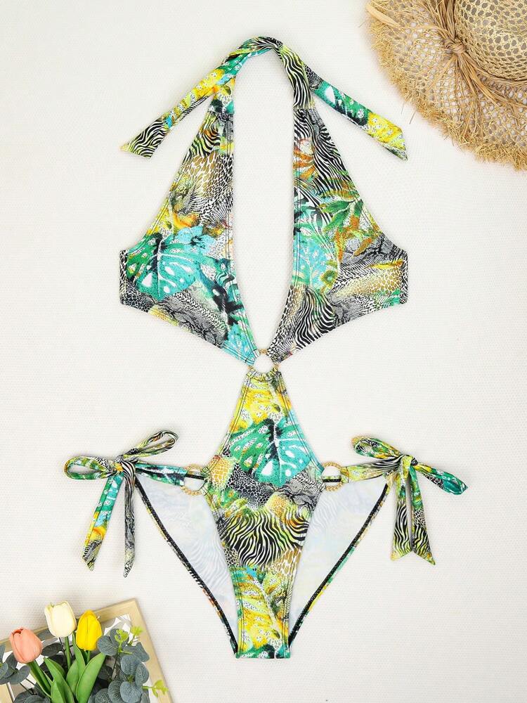 Swim SXY 1pc Women's Tropical Plant Random Print Sexy Fashion One-Piece Swimsuit With Metal Ring Decor, Summer Holiday Beach Wear