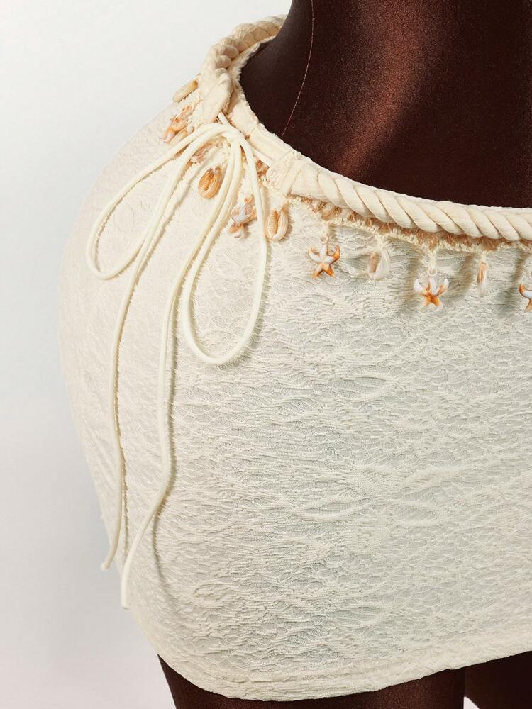 Amplova 2pcs Set: Rope, Starfish & Shell Pendant Decorated Cropped Tank Top And Mini Skirt