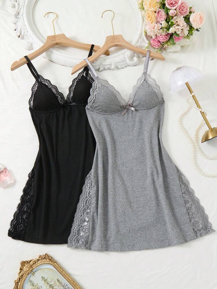 2pcs Lace Patchwork, Bow Decor, Romantic Side Slit Camisole Nightgown ,Vacation
