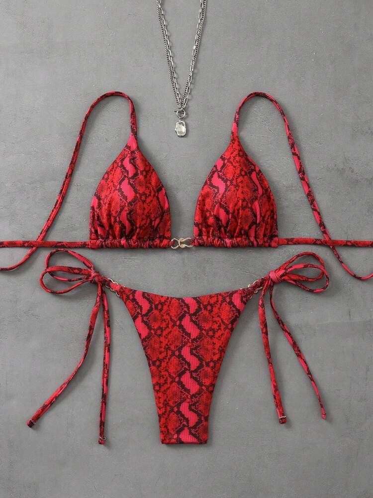 Swim Vcay 2pcs/Set Women Beach Random Floral Print Halter Triangle Bikini Top And Side Tie Bottom Set, Summer