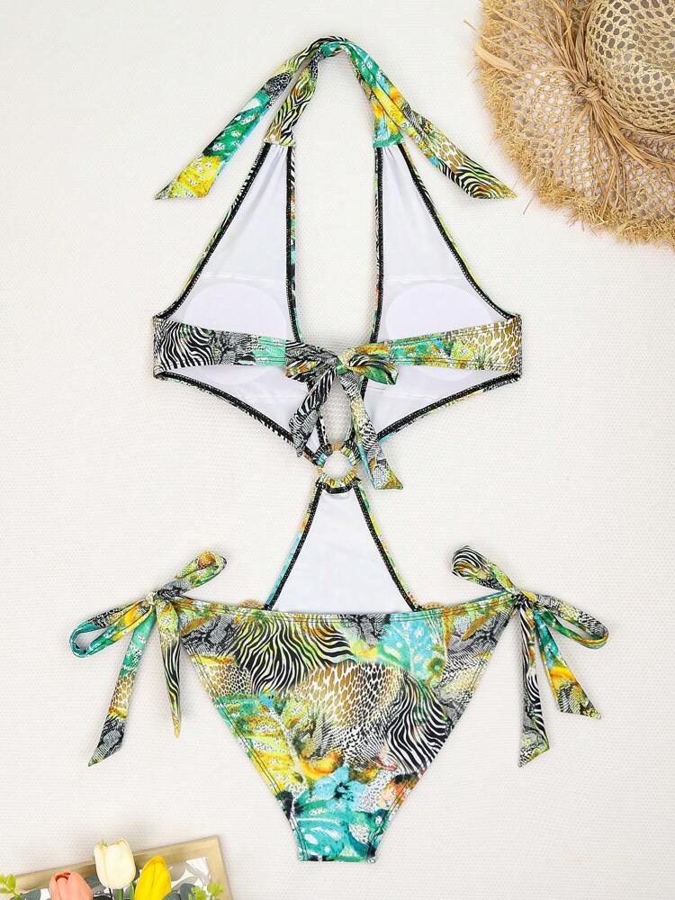 Swim SXY 1pc Women's Tropical Plant Random Print Sexy Fashion One-Piece Swimsuit With Metal Ring Decor, Summer Holiday Beach Wear