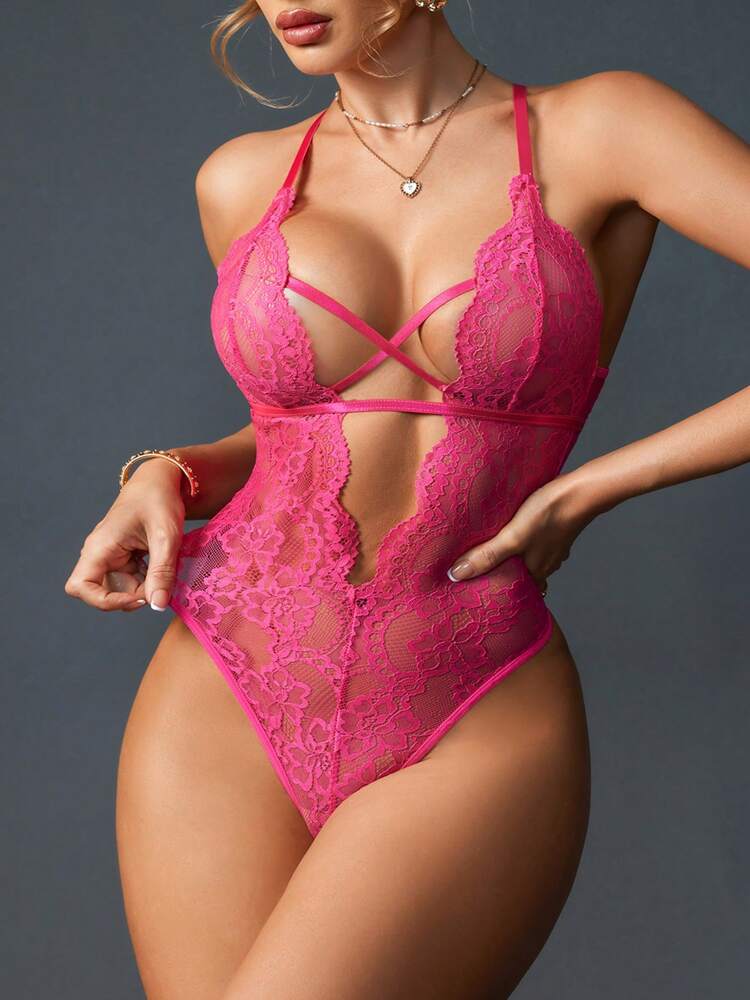 Classic Sexy Floral Lace Criss Cross Lace Up Backless Teddy Bodysuit Lingerie