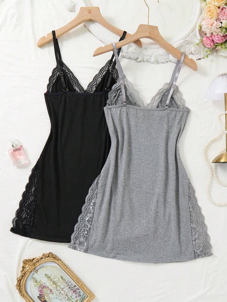 2pcs Lace Patchwork, Bow Decor, Romantic Side Slit Camisole Nightgown ,Vacation