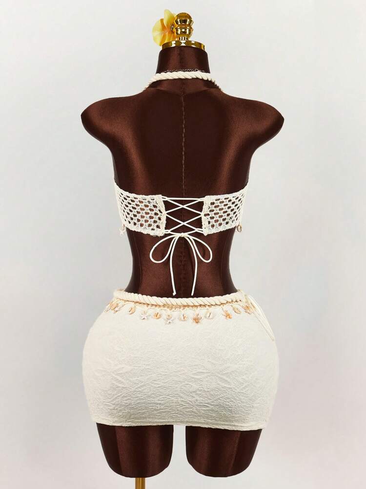 Amplova 2pcs Set: Rope, Starfish & Shell Pendant Decorated Cropped Tank Top And Mini Skirt