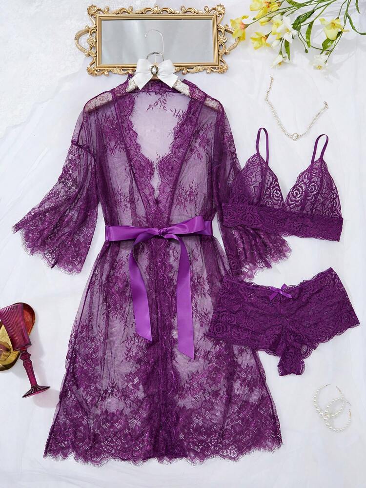 Deep V-Neck Lace Semi-Sheer Fashionable Charming Design Lingerie Set, Sexy Sleepwear For Women